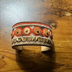 Handcrafted Beaded Cuff Bracelet - Orange and Brown